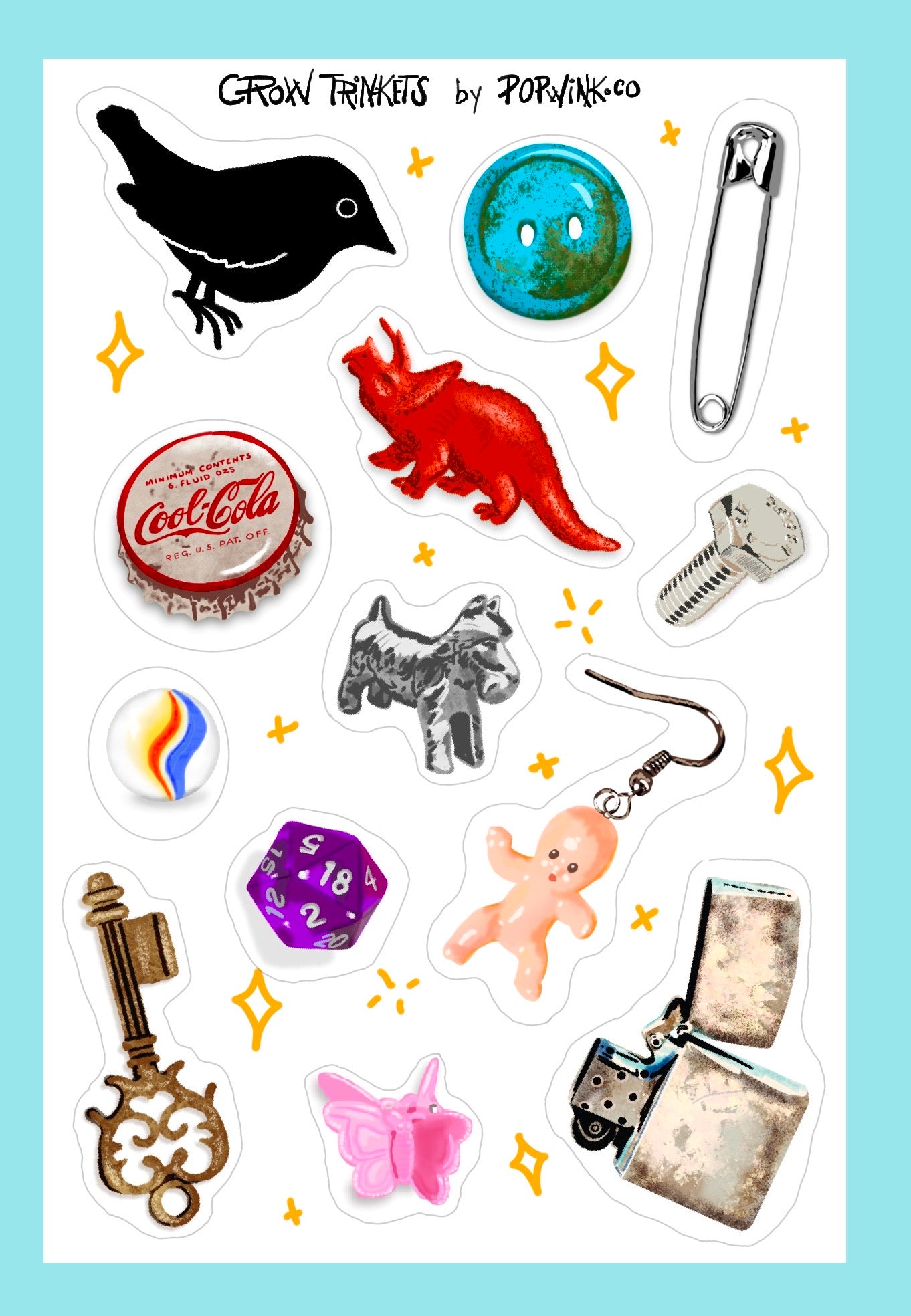 Crow Trinkets Sticker Sheet -- safety pin, nostalgic, lighter, plastic baby, childhood memories stickers