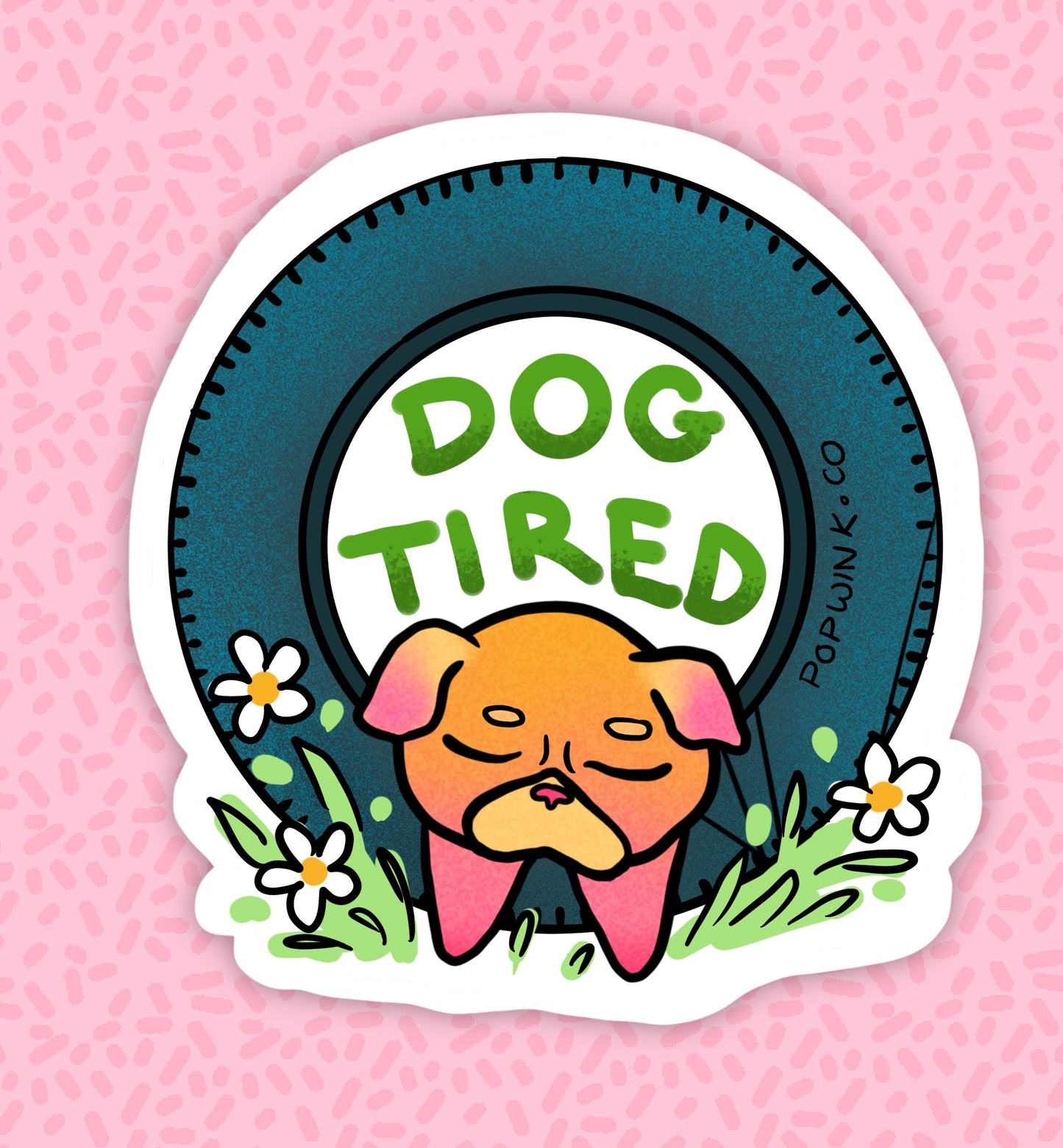 Dog Tired Sticker Cute Funny Fatigue Pug Pink Pun