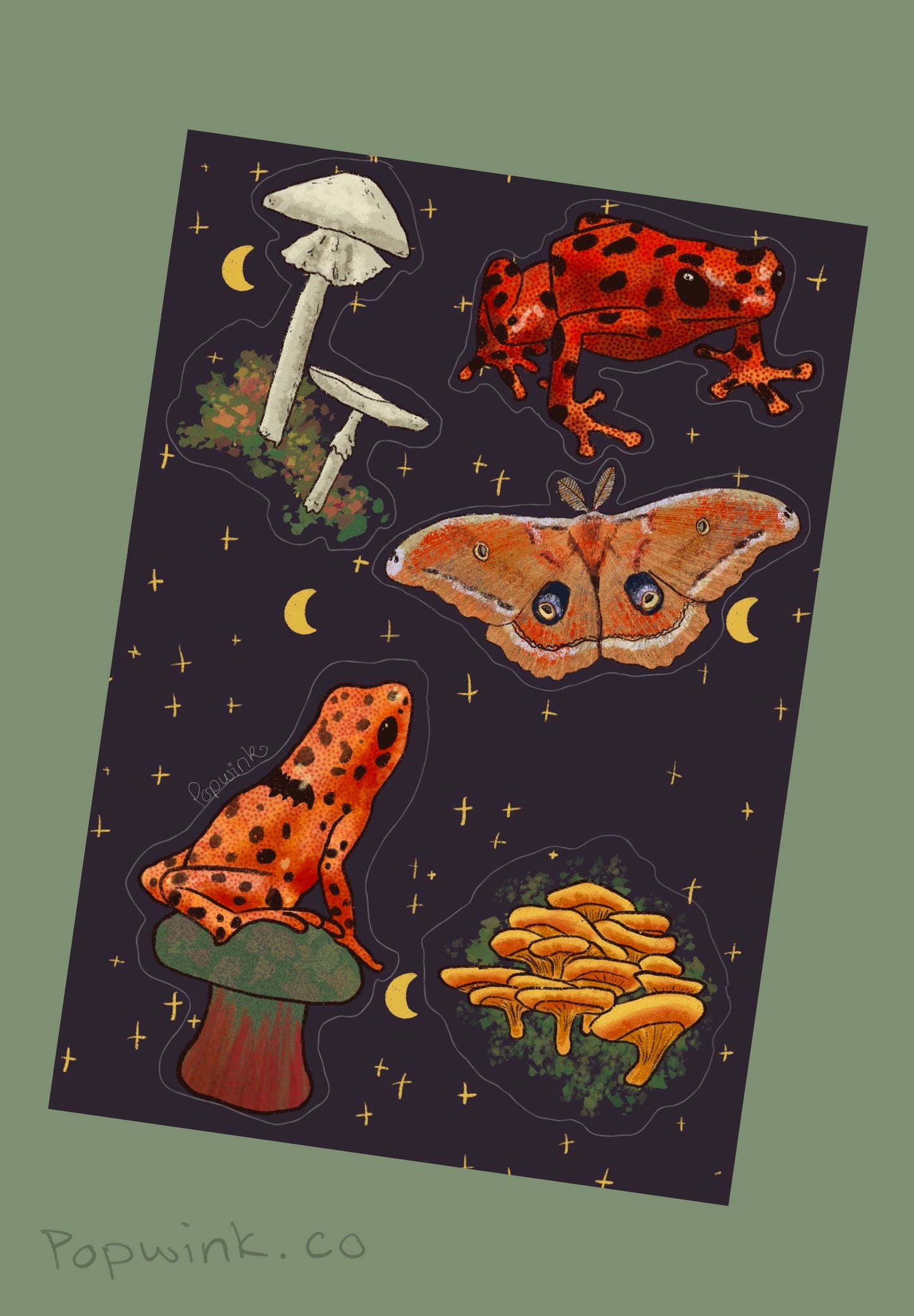 Frog Moth and Mushroom Sticker Sheet